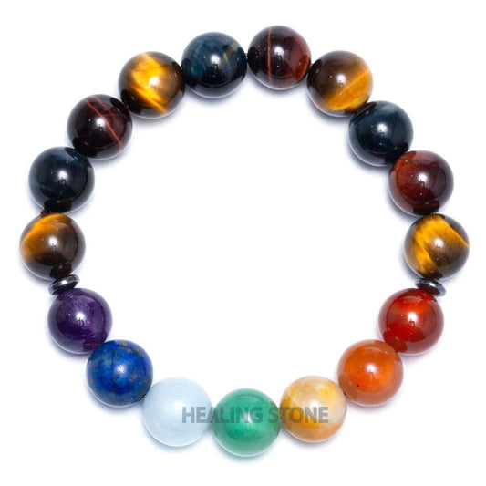 සප්ත චක්ර සහ රන්වන් දුඹුරු/රතු/කළු මිශ්ර ටයිගර් අයි පාෂාණ පළඳනාව